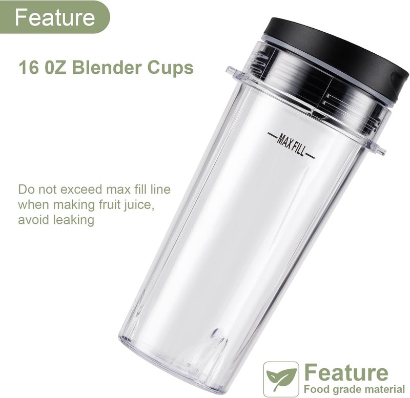 Equust 5-piece Ninja Blender Cups Replacement Single Serve 16oz Cups with Sip & Seal Lids, 6 Fins Extractor Blade Compatible with Nurti Ninja Blenders Pro BL660 BL663 BL663CO BL665Q BL740 BL770 - Image 2